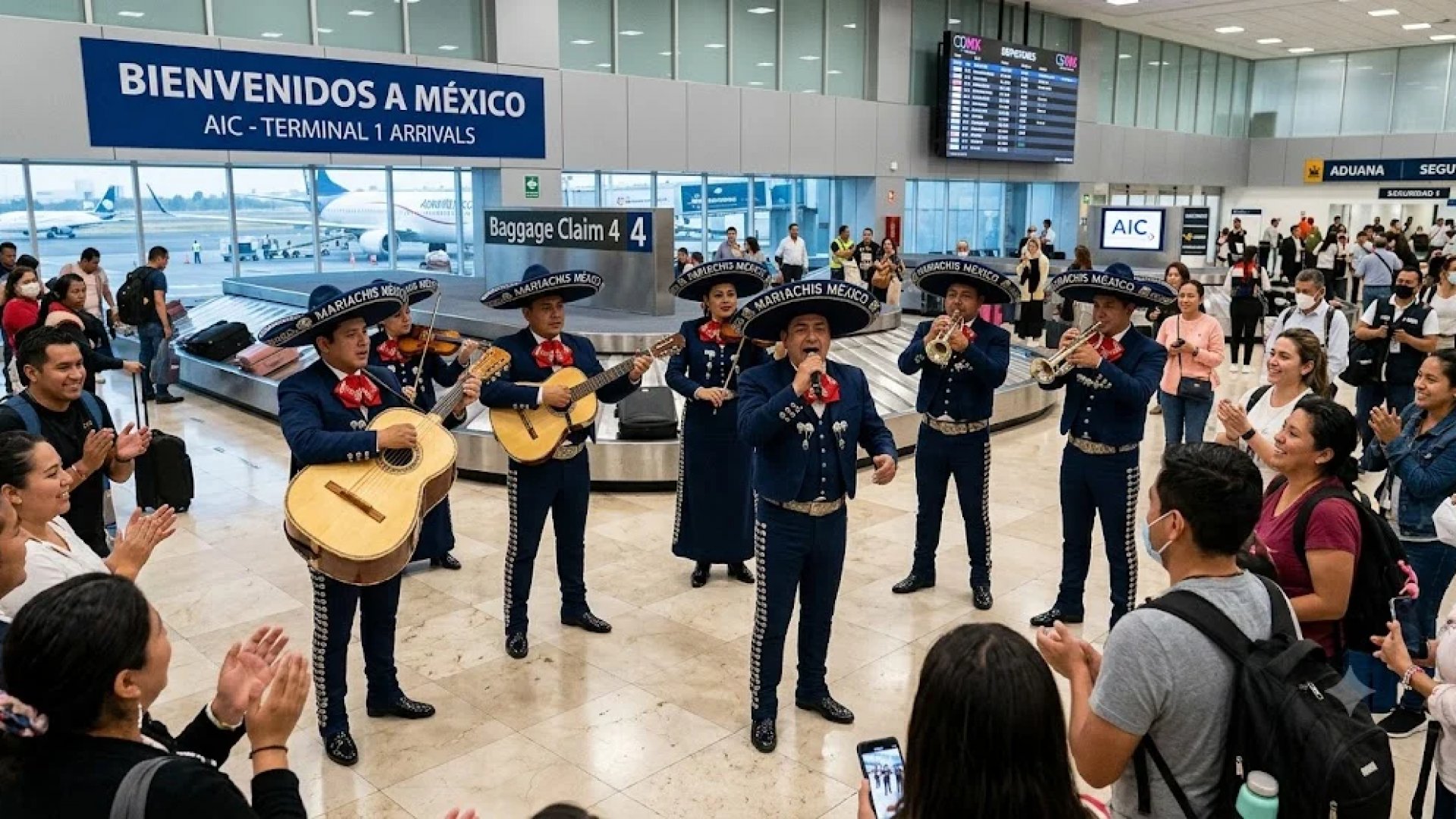 Con mariachi y bailes reciben en el AICM al turismo mundialista