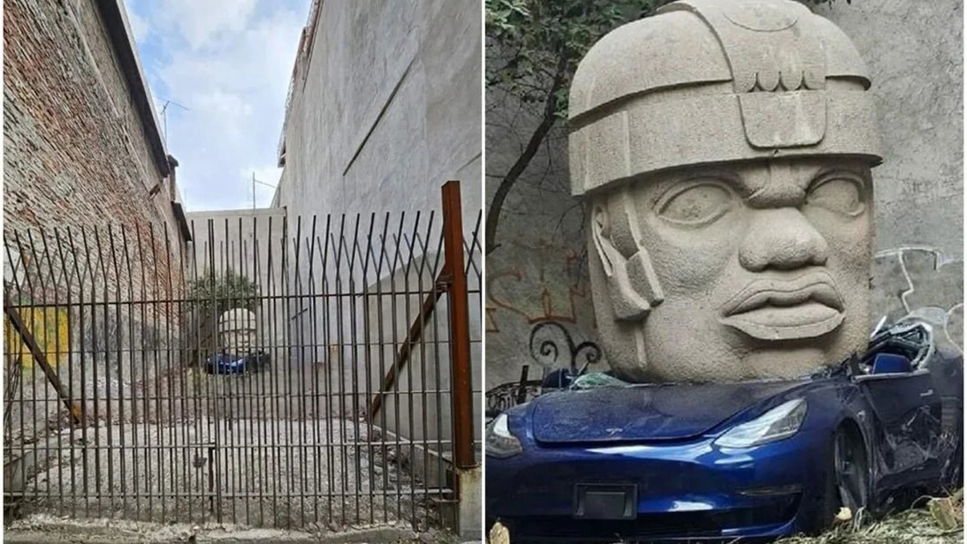 Aparece misterioso Tesla aplastado por cabeza Olmeca en CDMX