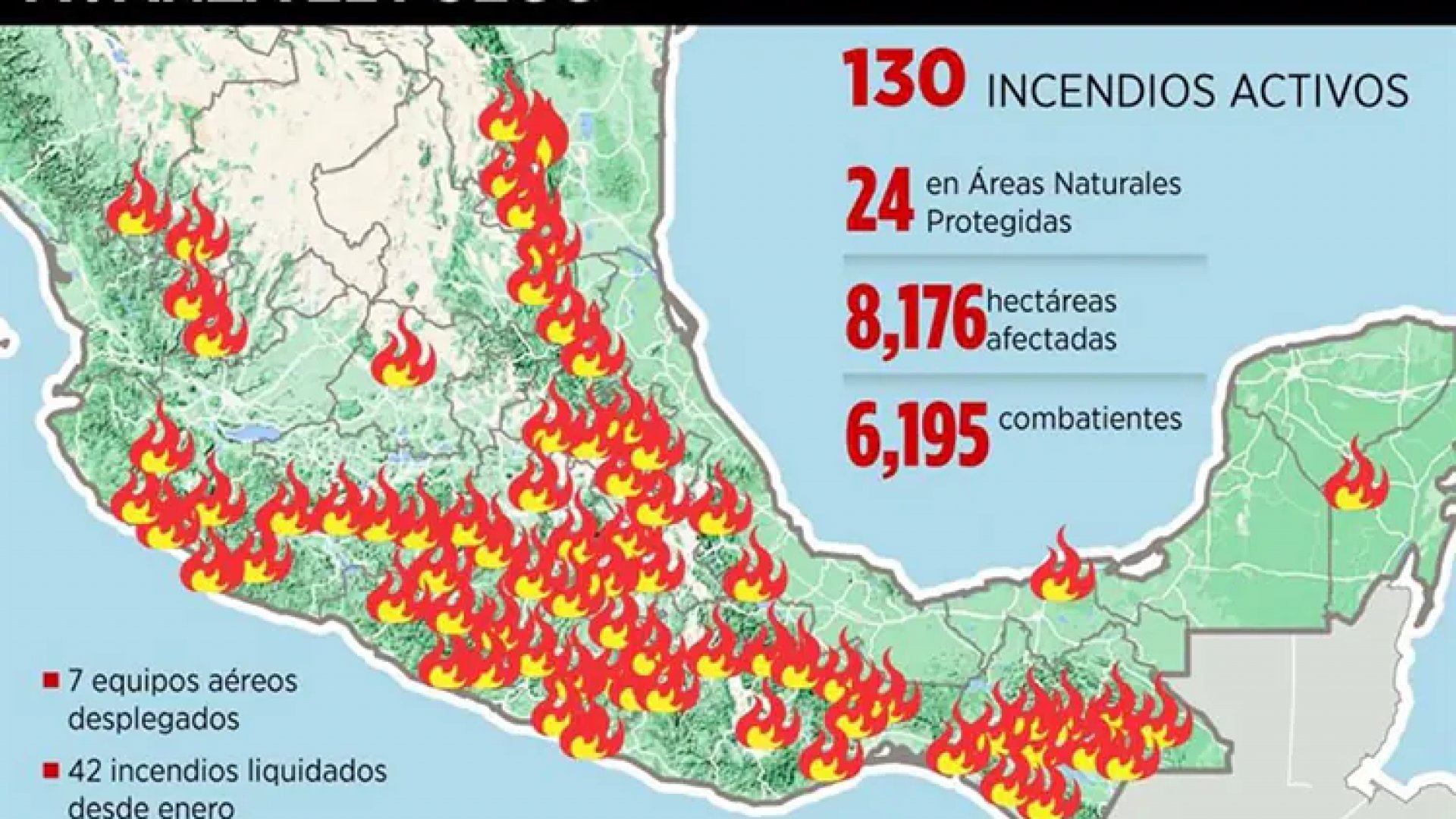 Incendios en México: Reportan 130 activos 19 estados