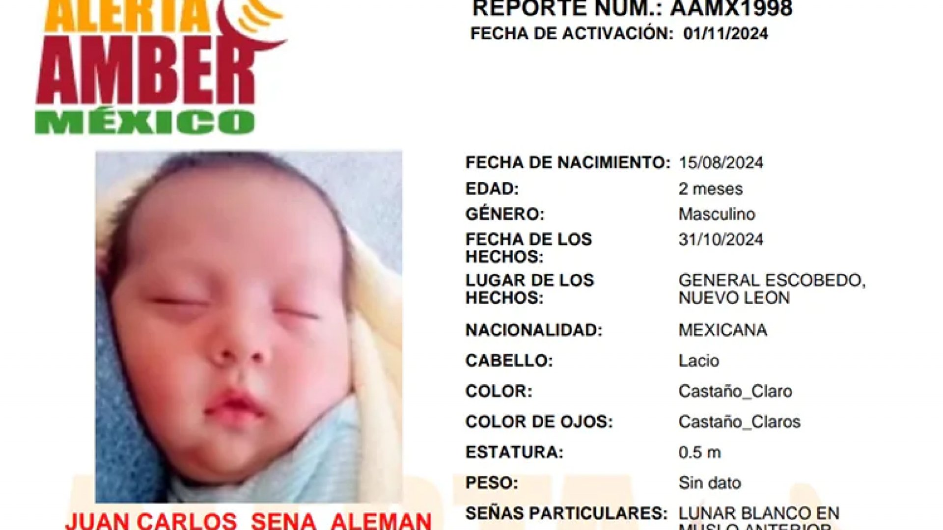 Activan Alerta Amber por bebé recién nacido raptado en Escobedo, Nuevo León