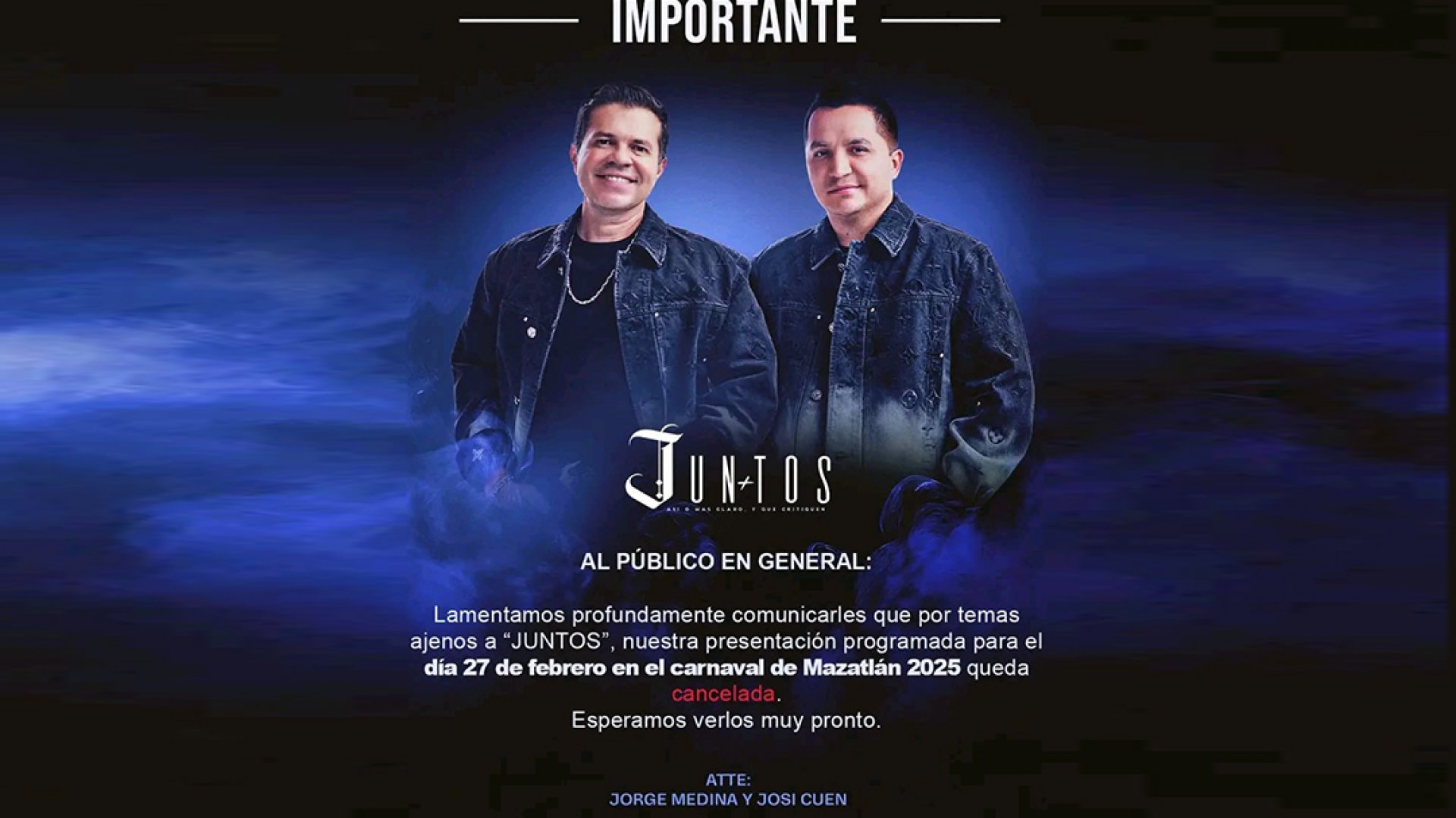 Josi Cuén y Jorge Medina cancelan concierto en el Carnaval de Mazatlán