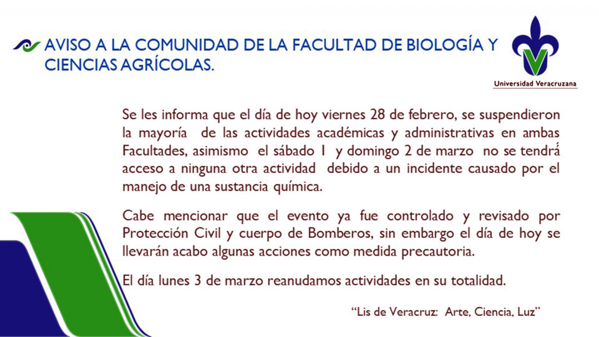 Suspensión de actividades en la UV por incidente con sustancia química