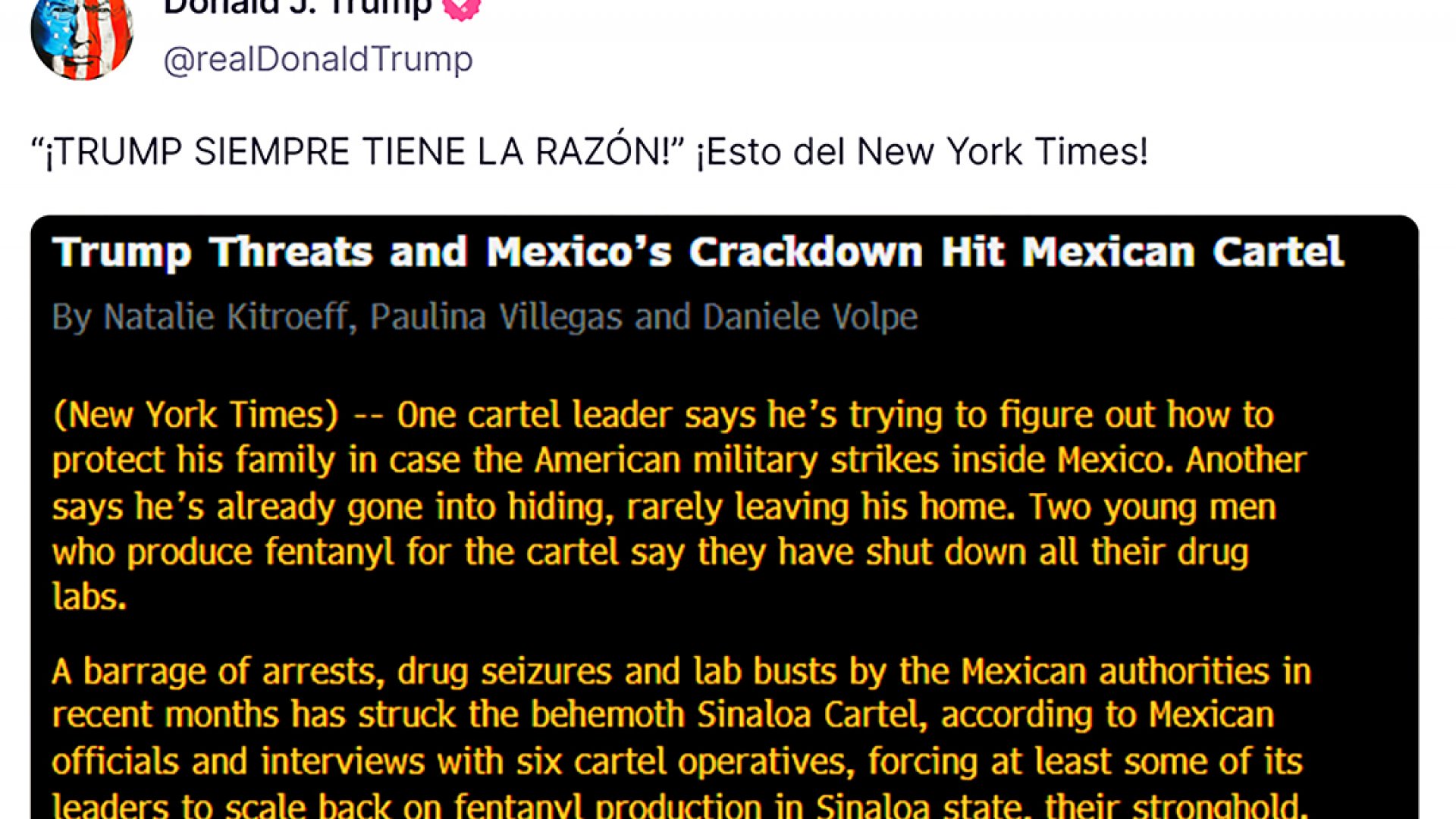 Trump presume «miedo» en el Cártel de Sinaloa por sus amenazas