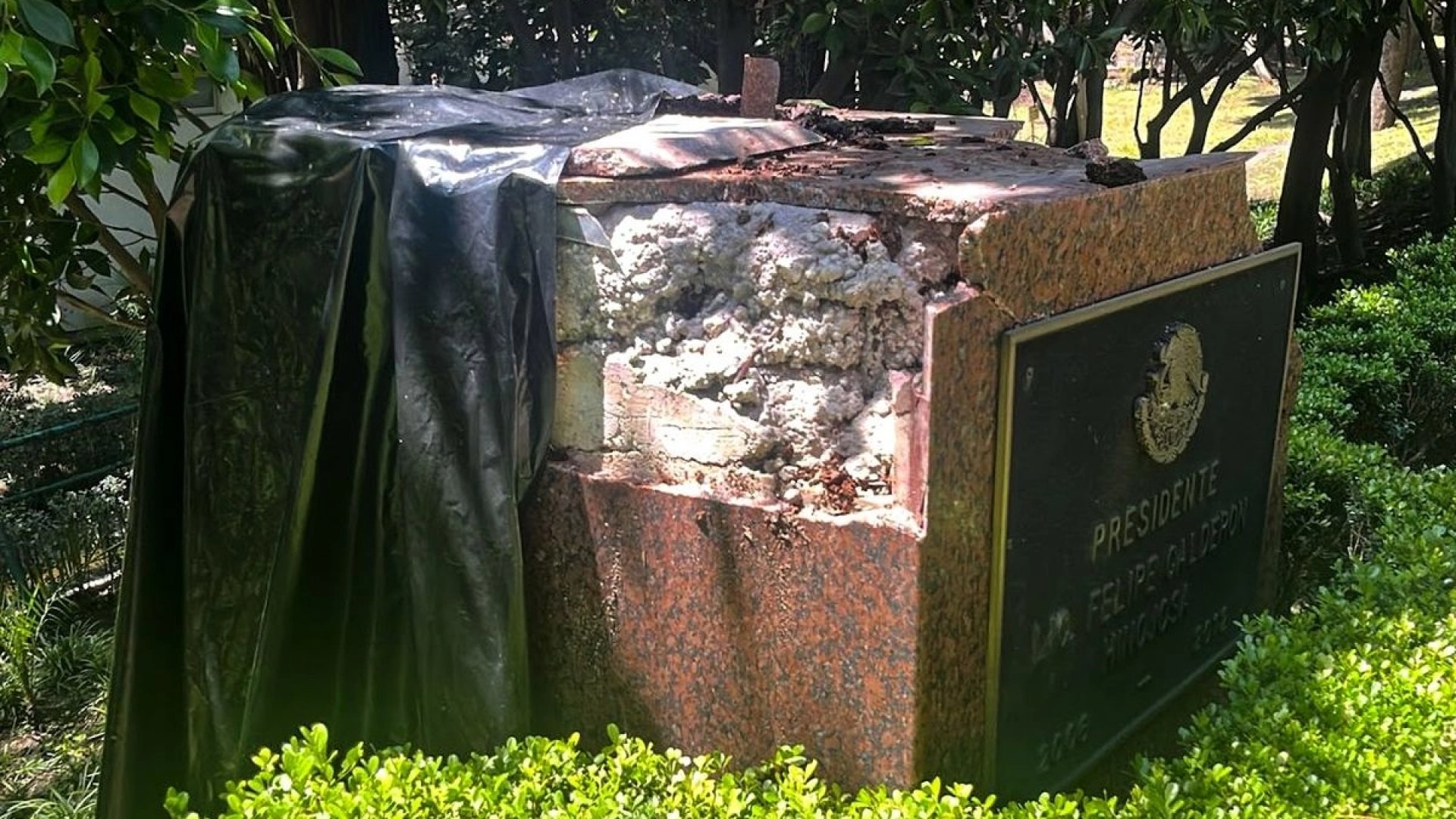 Cae estatua de Felipe Calderón tras la caída de árbol en Los Pinos